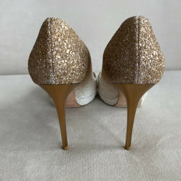 Jimmy Choo Silver Glitter Luna Peep Toe Pumps Size 37.5  Jimmy Choo Metallic Luna 100 Glitter Heels 36.5